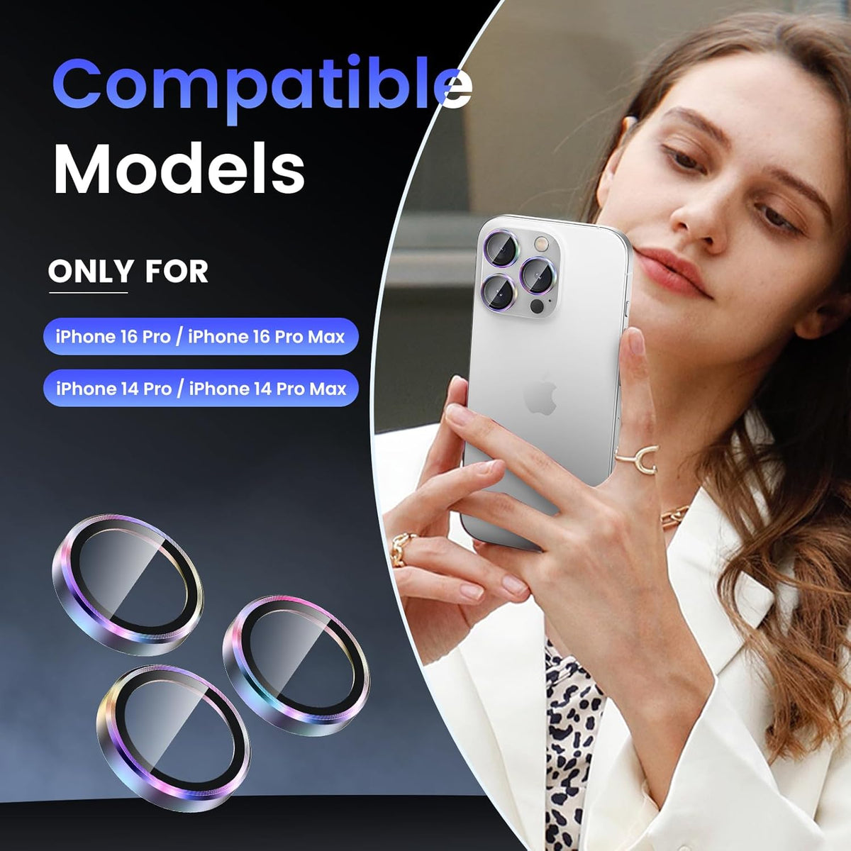 Tensea Camera Lens Protector Compatible for iPhone 16 Pro Max/16 Pro/14 Pro Max/14 Pro, Metal Aluminum Alloy Tempered Glass Cover Camera Screen Protector Accessories, Case Friendly