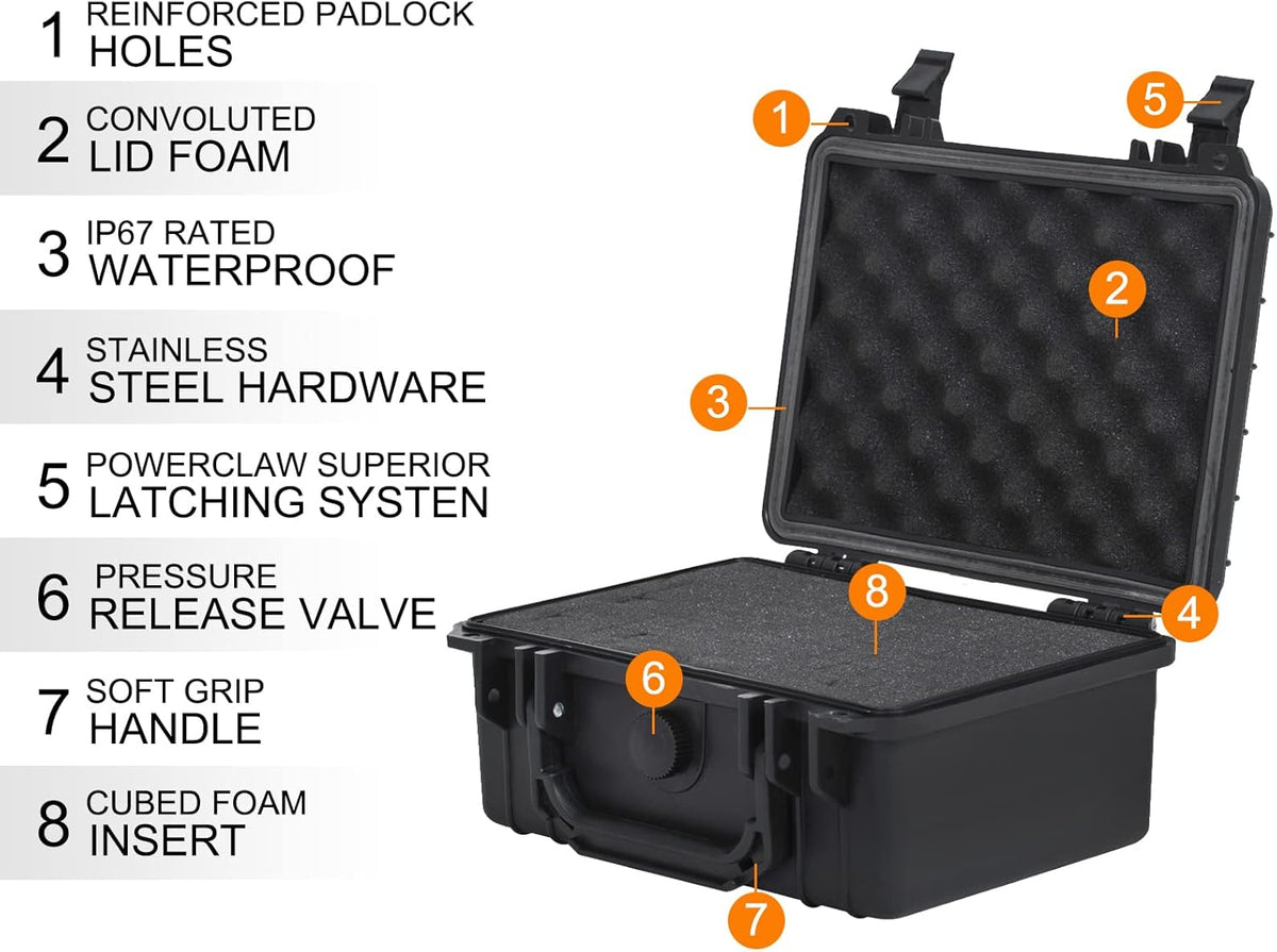 MEIJIA Portable Waterproof Protective Hard Case,Compact Camera Case with Customizable Fit Foam,Elegant Black,Fit for Drones,Camera,Lens, 9.17inchx7.56inchx4.33inch, Black, Dry Case