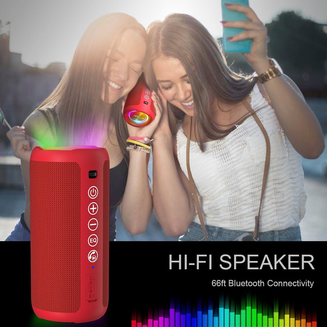 Ortizan Portable Bluetooth Speaker: IPX7 Waterproof, 24W Loud Sound, Deep Bass, Bluetooth 5.3, LED Lights, Wireless Stereo Pairing, 30H Playtime, for Home/Outdoor/Party/Beach, Birthday Gift (Red)