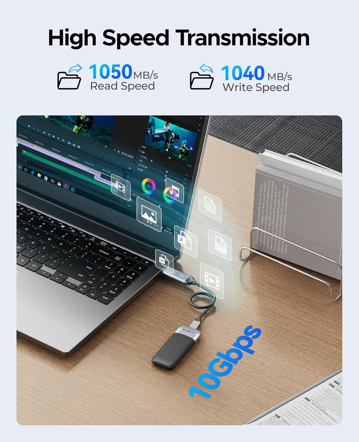 ORICO 1TB Portable SSD, Up to 1050MB/s, Compact with 2 in 1 USB C & A Cable, External Solid State Drives, Reliable Storage for USB C Smartphone, Tablet, PC - M10PRO