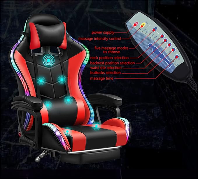 Gaming Chair with RGB LED Lights Video Game Chair Massage Gaming ChairAdjustable Reclining Office Swivel Chair Ergonomic High Back Computer ChairPink
