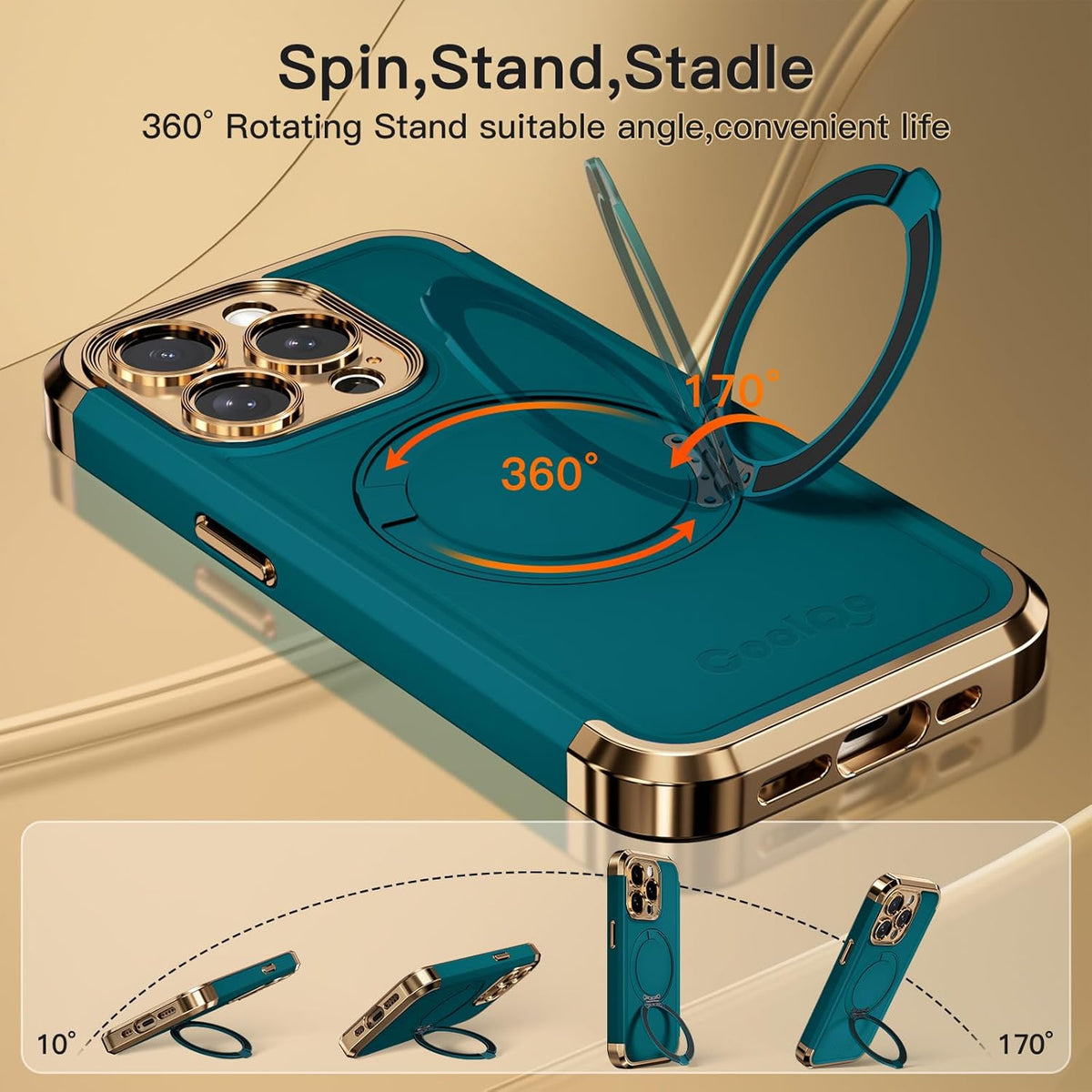 COOLQO for iPhone 14 Pro Case 6.1'' Upgraded 360° Spin Magnetic Stand [Compatible with Magsafe][Military Protection] Shockproof Protective Phone Holder Cover for iPhone 14 Pro, Green Gold