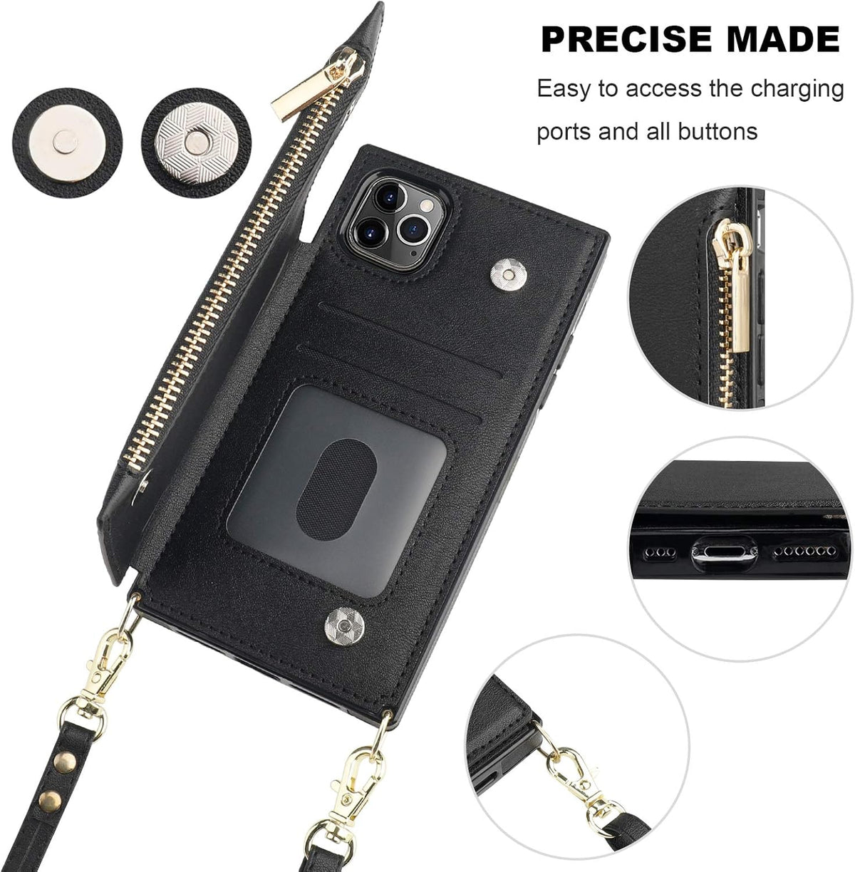 Bocasal Crossbody Wallet Case for iPhone 11 Pro with Card Holder,Zipper Card Slot Protector Shockproof Purse Cover with Removable Cross Body Strap 5.8 Inch(Black)