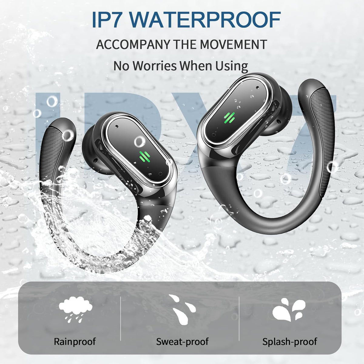 Wireless Earbuds, 2025 Bluetooth 5.4 Headphones Sport, 50Hrs HiFi Stereo Deep Bass Over-Ear buds with ENC Noise Cancelling Mic, IP7 Waterproof & LED Display Earphones with Earhooks for Workout/Running