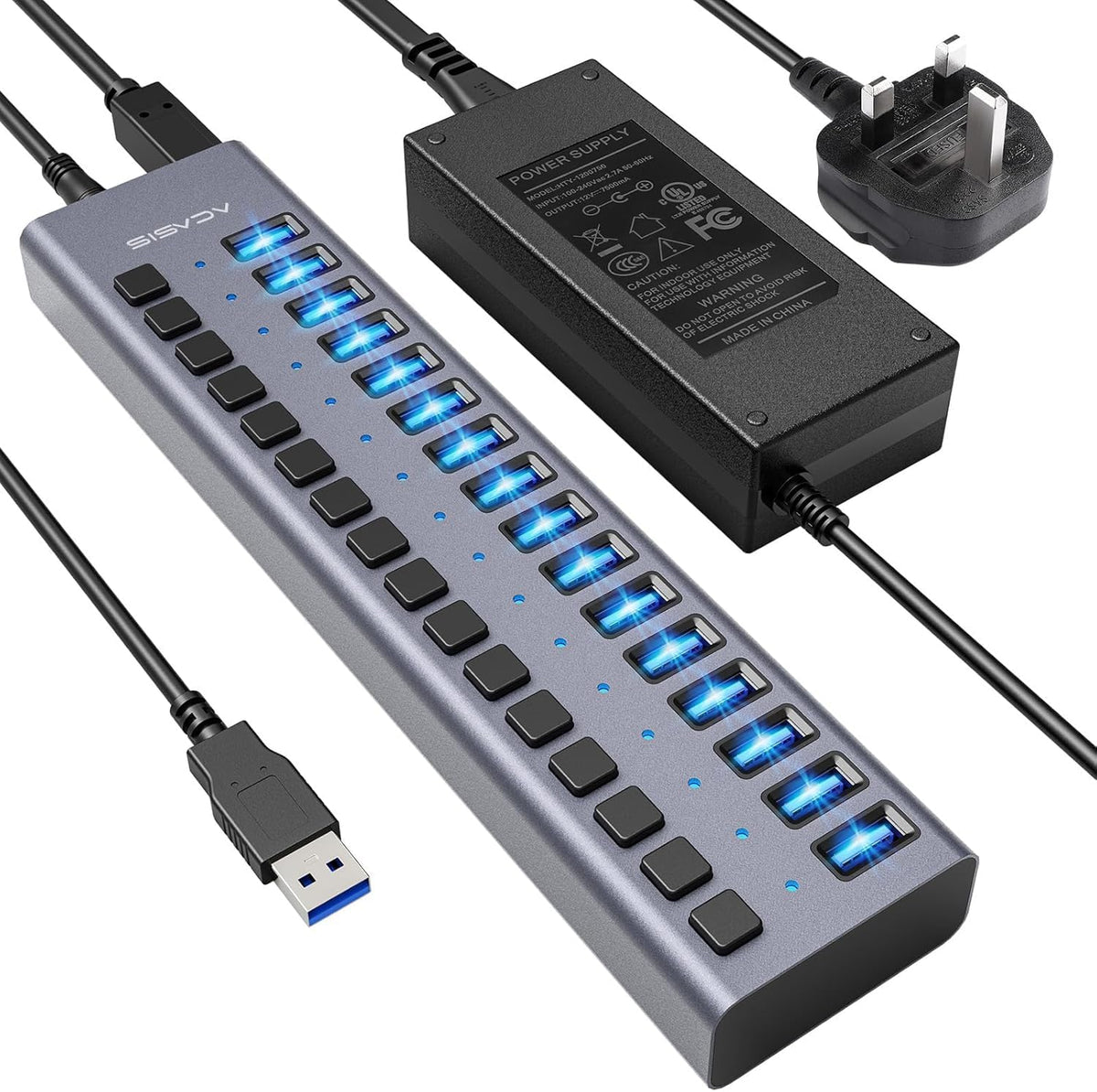 90W Powered USB Hub - ACASIS 16 Ports USB 3.0 Data Port, Aluminum Housing, Individual On/Off Switches, 12V/7.5A Power Adapter, USB Splitter for Laptop, PC, Computer, Printer