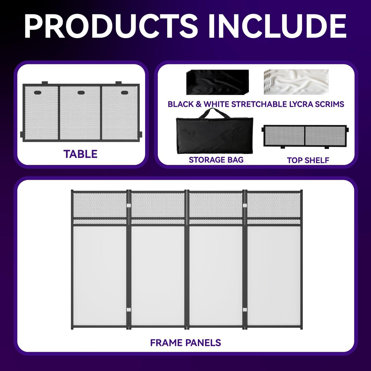 Portable DJ Booth Table,Foldable DJ Table Stand with White & Black Scrim,Adjustable DJ Facade Booth Station Metal Frame with Cable Hole for Private Events, Clubs, Bars (40x20 Double Deck)