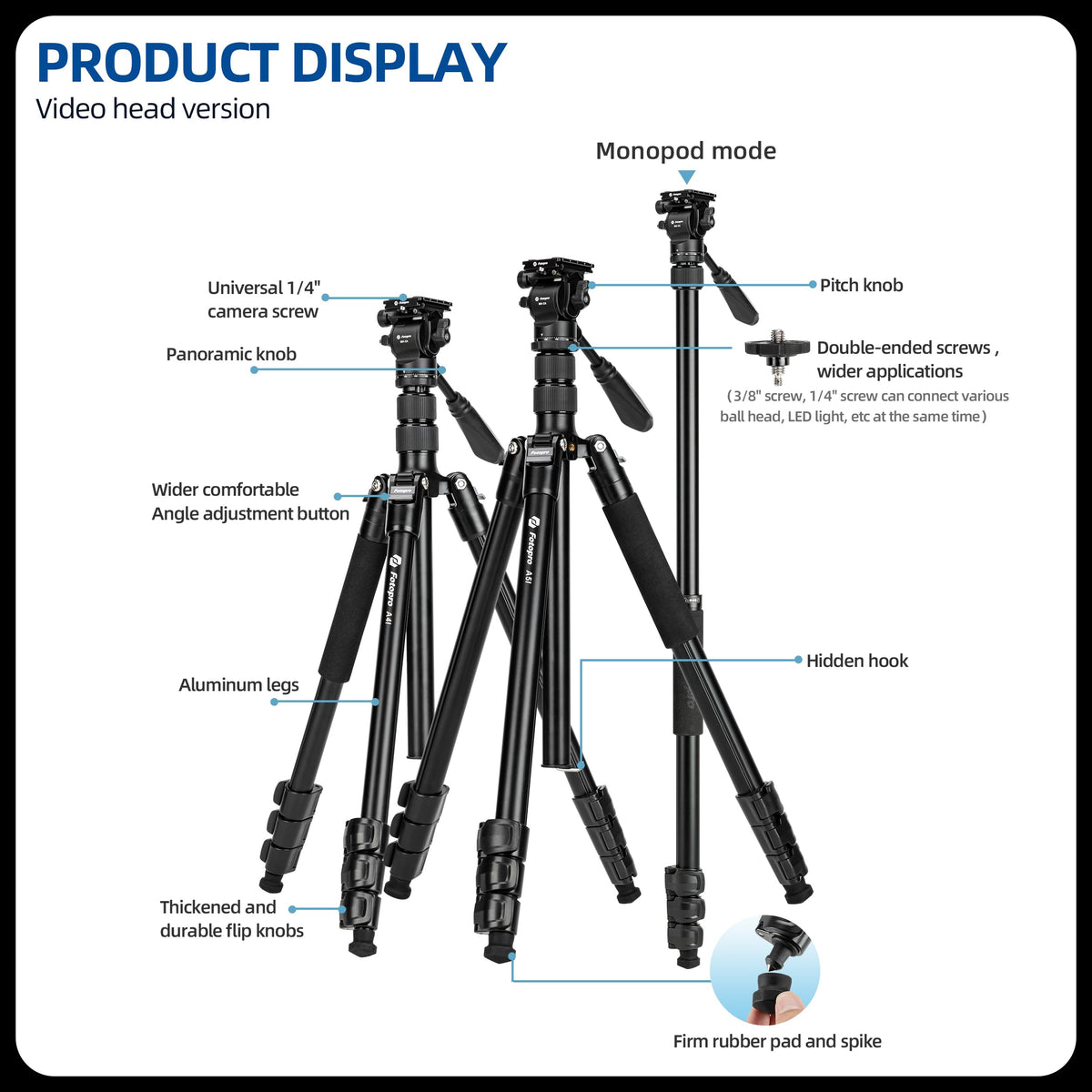 Fotopro 73'' Camera Tripod, Foldable Aluminum Tripod/Monopod, Detachable Fluid Head with Quick Release Plate, Lightweight Tripod for Camera, Phone
