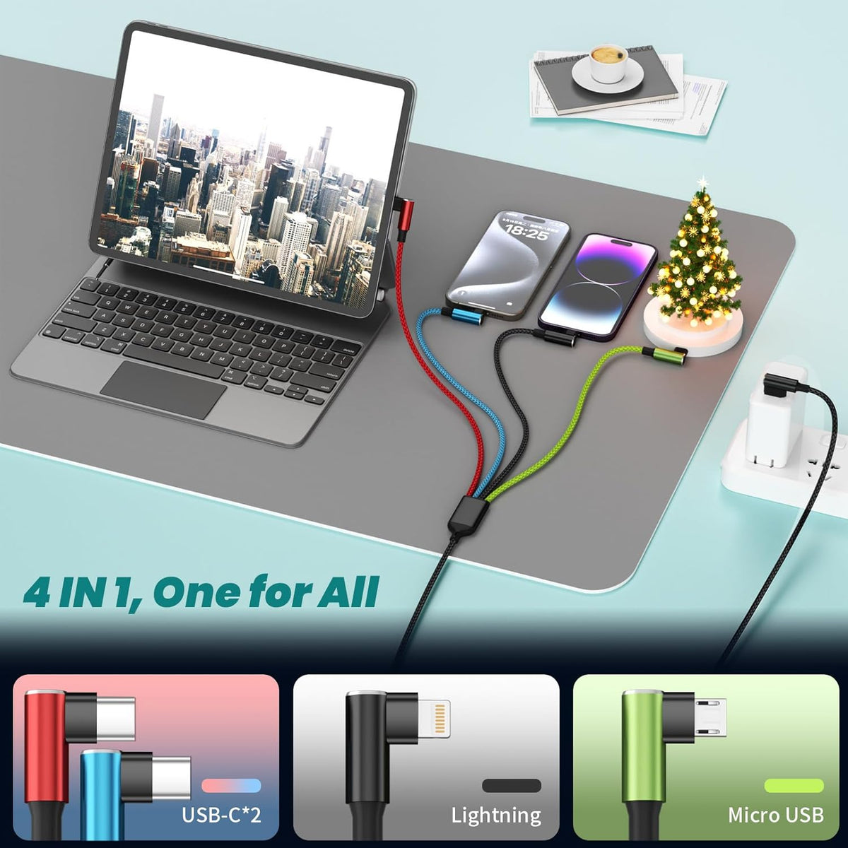90 [2Pack 5FT], 4 1 Travel Essentials Degree Multi Charging Cable Right Angle in Charging Cable, USB Cable Charging