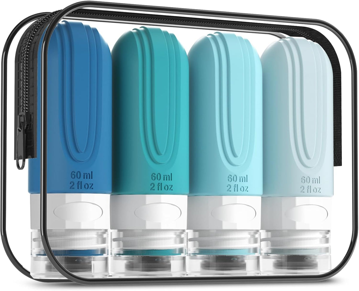 Travel Bottles for Toiletries, Tsa Approved 2oz Travel size Bottles, BPA Free Leak Proof Travels Toiletry Containers, Traveler Accessories with Toiletry Bag for Shampoo Liquid (4 Pack)