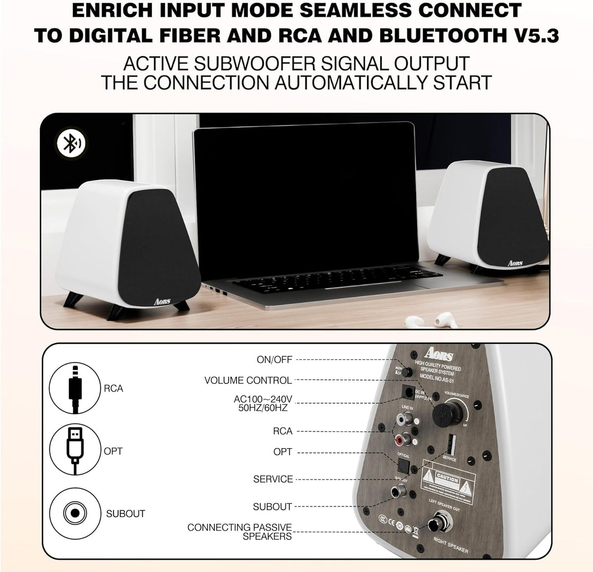 AS31 Active Bookshelf Speakers Bluetooth -2.0 Powered Speaker Stereo Computer Speakers for Desktop pc ，Monitor Speakers 80WRMS/3inch Bass RCA/Optic Inputs, Wooden Compact (Violet)