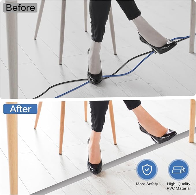 Floor Cord Cover Self Adhesive Cord Hider Floor Extension Cord Covers for Floor Power Cord Protector Cable Management Prevent Cable Trips Cable Cavity 0.51" W x 0.31" H (Grey, 20Ft)