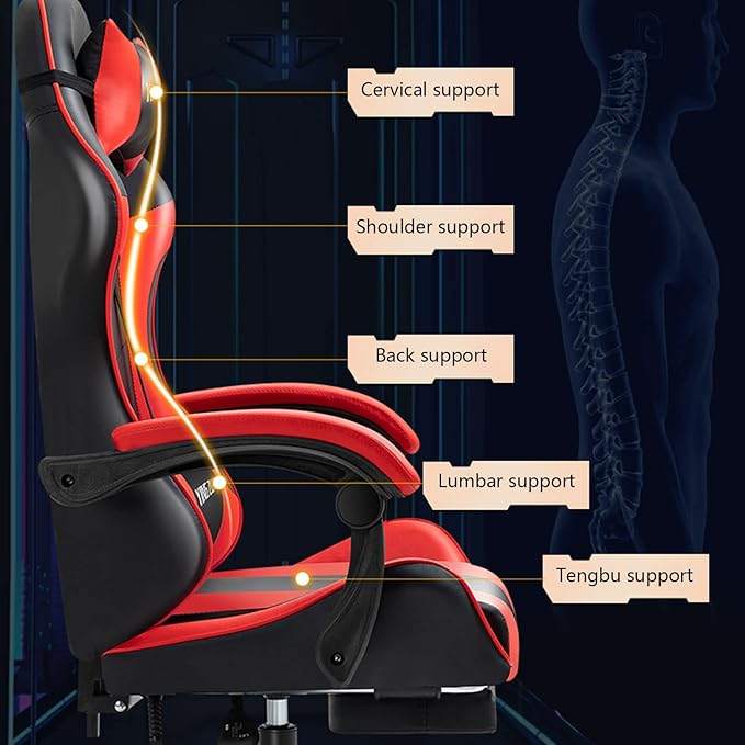Gaming Chair with Footrest Gamer Chair with Lumbar Support and Headrest Height Adjustable Office Chair with 360°-Swivel Seat Pink