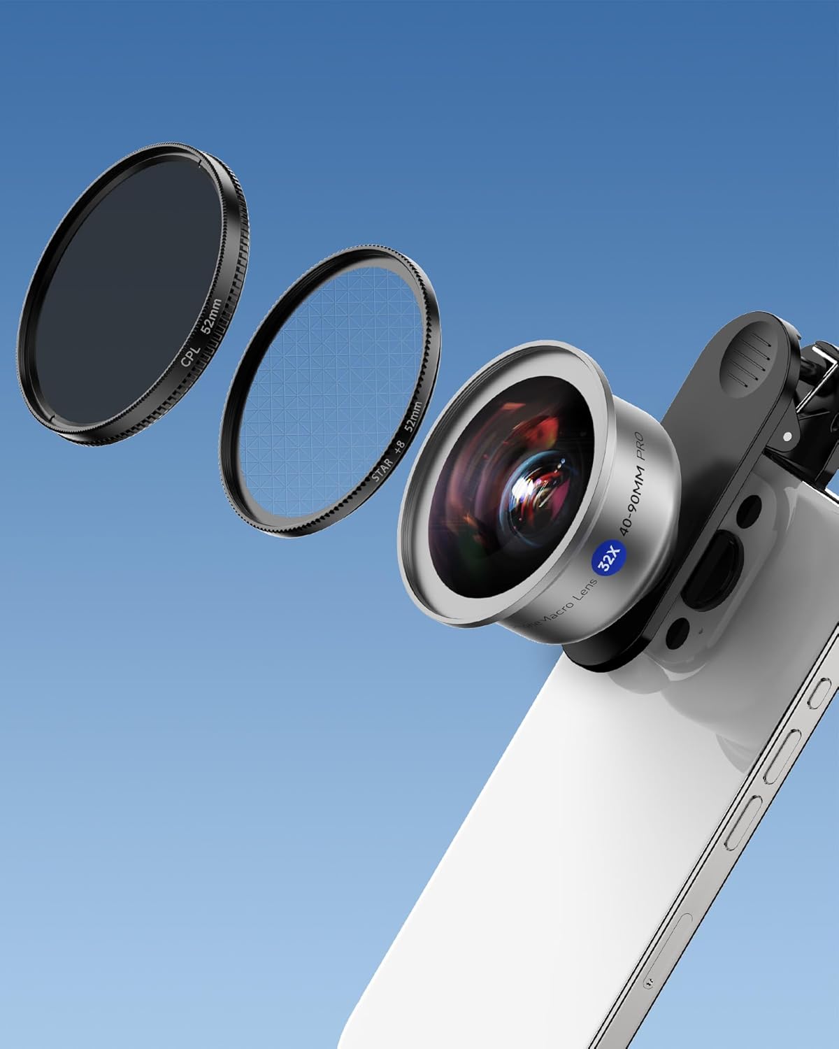 32X Macro Lens Kit for iPhone, 40-90MM, 3 in 1 Phone Camera Lens Kit, 52MM CPL Lens Filter + Starlight Lens Filter + Macro Lens for iPhone Samsung Android Smartphone
