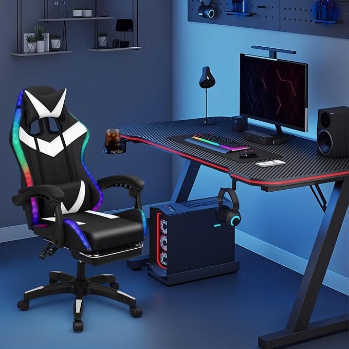 Gaming Chair Computer Chair with Footrest and Massage Lumbar Support Racing Executive Ergonomic Adjustable Swivel Task Chairs with Headrest and Lumbar Support (Black)