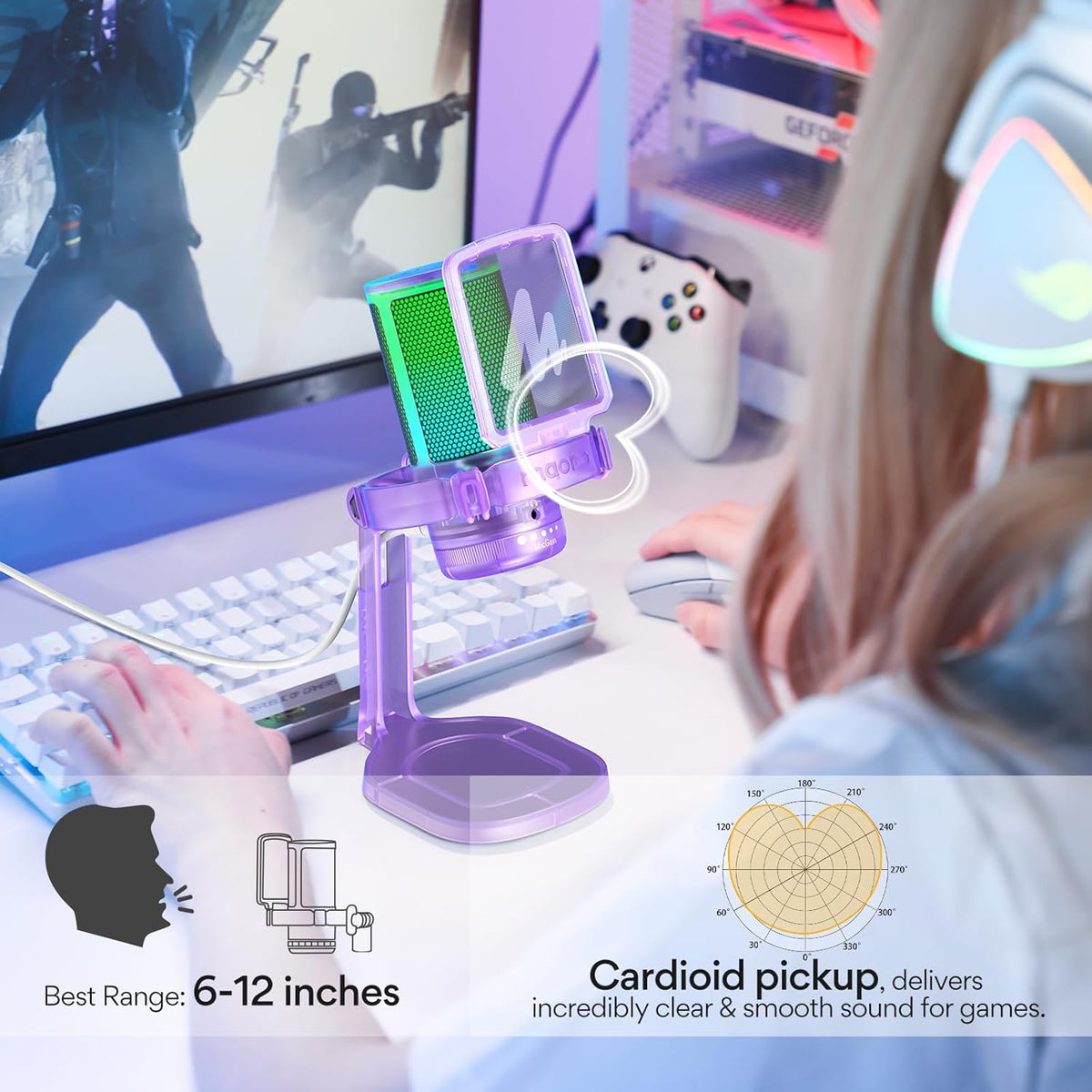MAONO Gaming Microphone with Noise Cancellation, PC USB Condenser Mic for Computer, Mac, Laptop, PS5, Streaming, Podcast, Twitch, YouTube, Discord, GamerWave DGM20 Purple