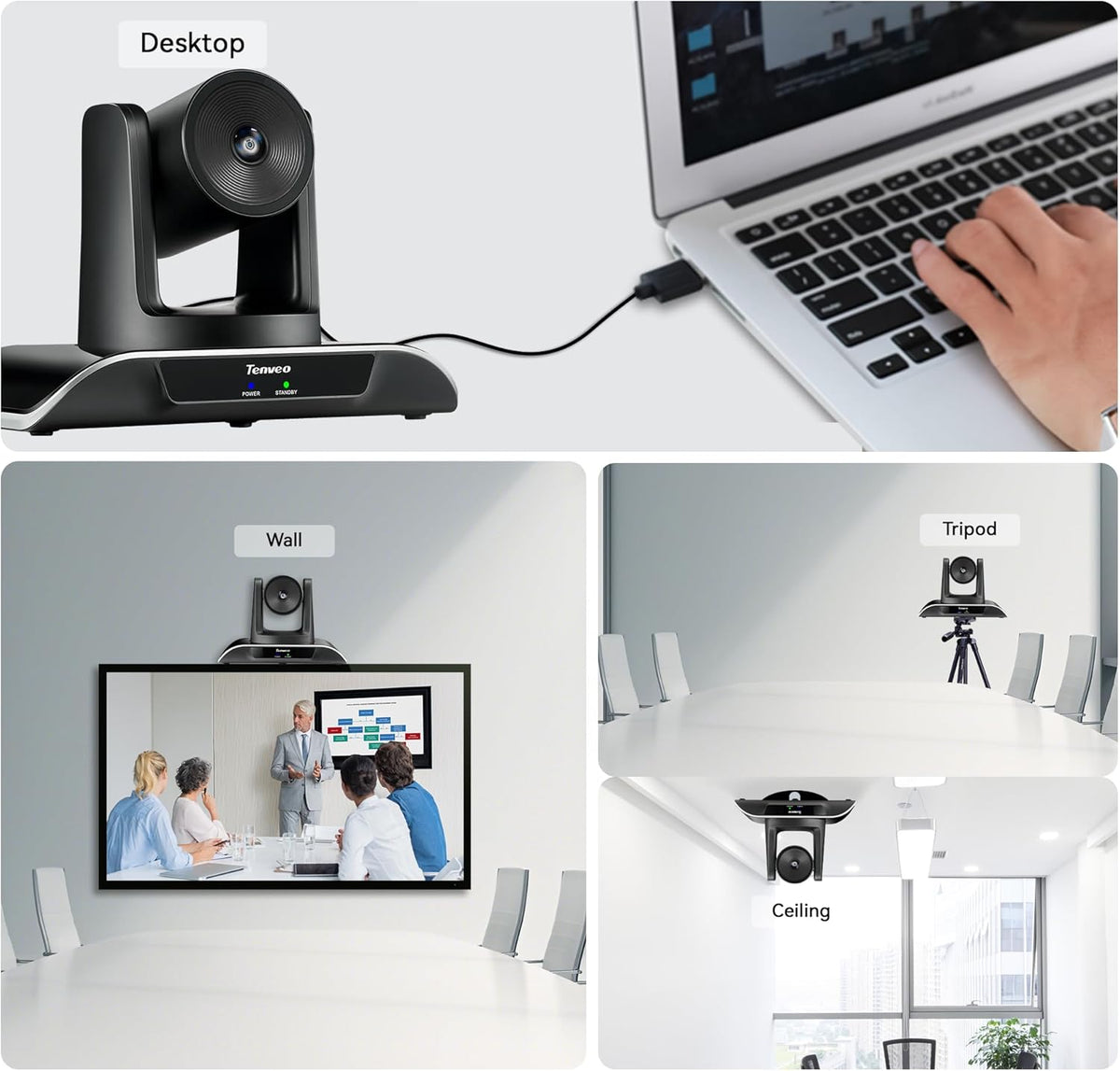 Tenveo PTZ Conference Camera 3X Optical Zoom FHD 1080P 60FPS, 114° Wide View Angel USB3.0/HDMI/RS485/RS232 PTZ Camera for Video Conferencing Church Services Online Education Zoom OBS Teams