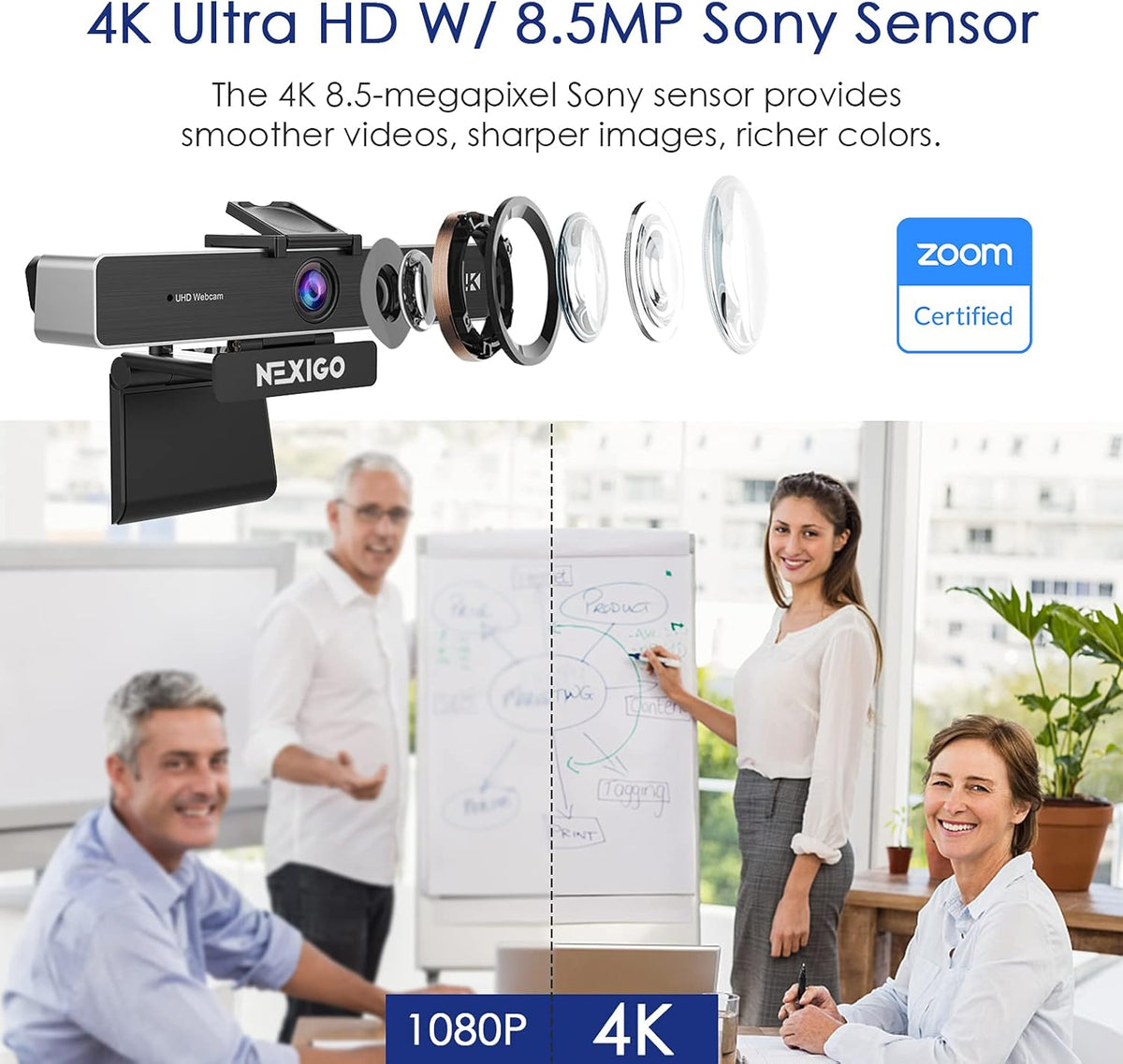 NexiGo Zoom Certified, N950P 4K Zoomable Webcam with Remote Control, Sony_Starvis Sensor, 5X Digital Zoom, Pro Web Camera with Dual Stereo Mics, for Zoom Skype Teams Twitch