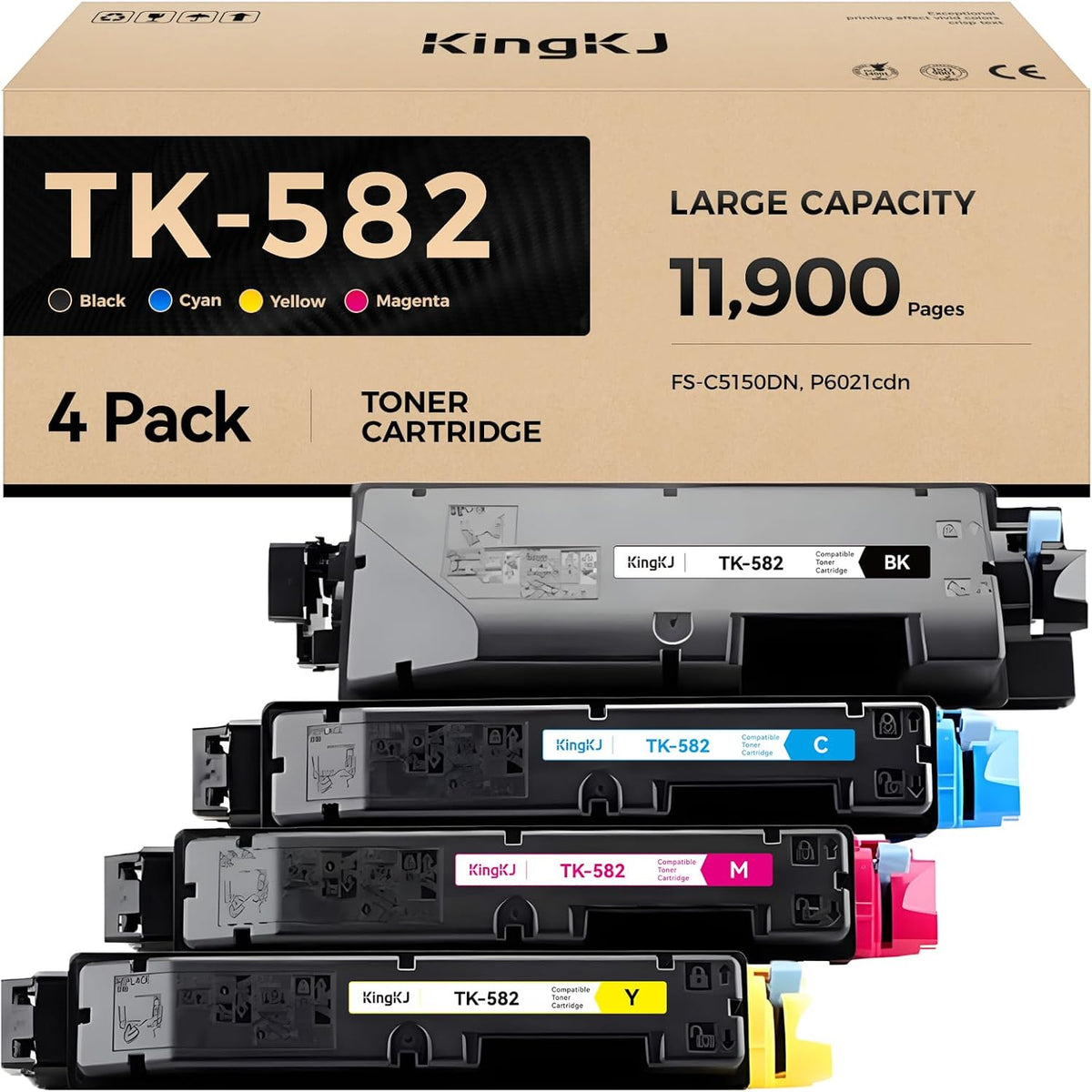 TK-582 TK582 Toner Cartridge Set 4-Pack High Yield Replacement for Kyocera TK-582K TK-582M TK-582C TK-582Y Ink Compatible with Kyocera ECOSYS P6021cdn PRINTER FS-C5150DN Printer Copy Black Color Cyan