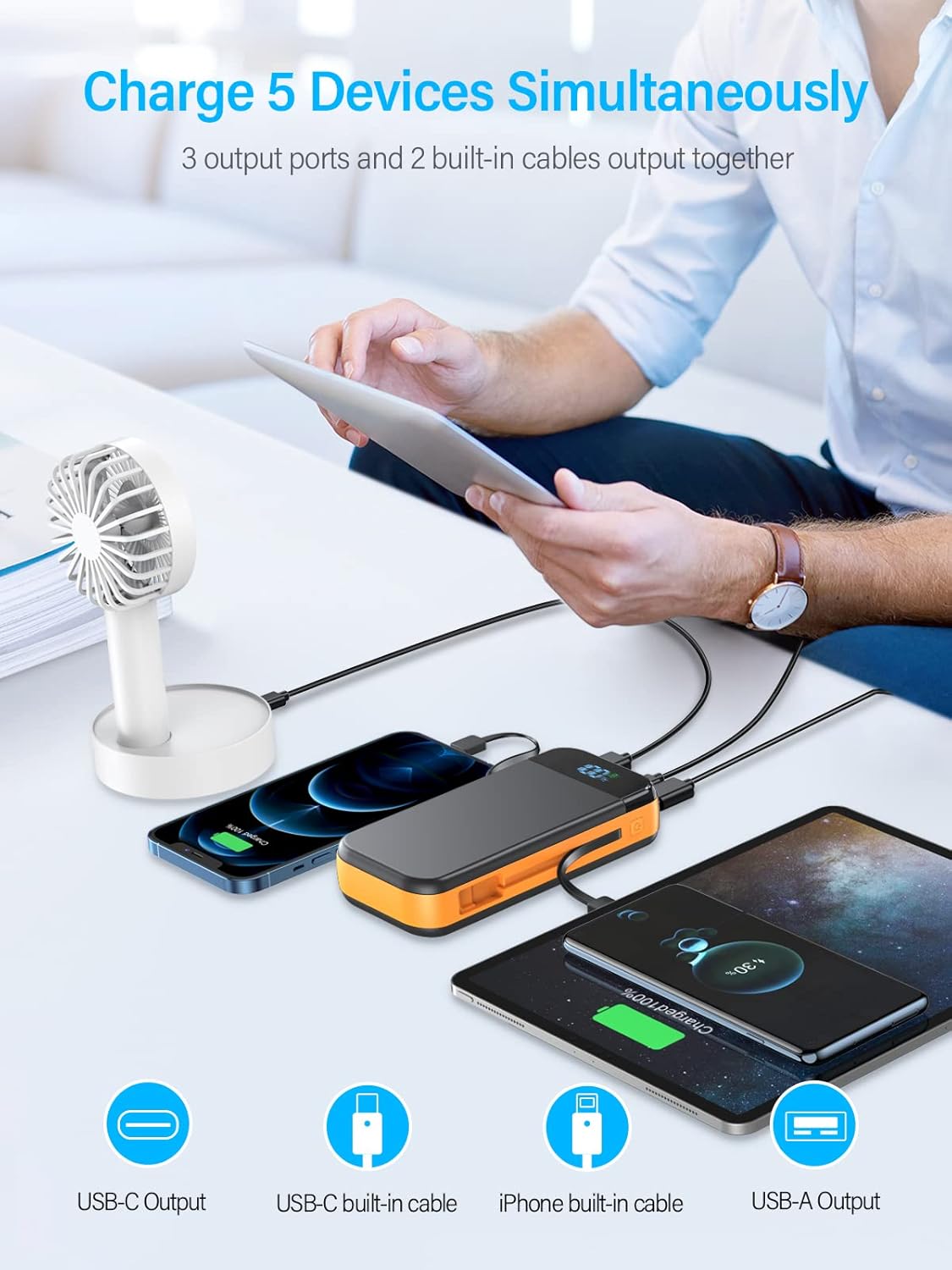 Portable Charger 32000mAh, 22.5W QC 3.0 PD 20W Smart LED Display Fast Charging Built in Cables Power Bank, External Battery Pack Charge 5 Devices Compatible with Cellphones (Orange)