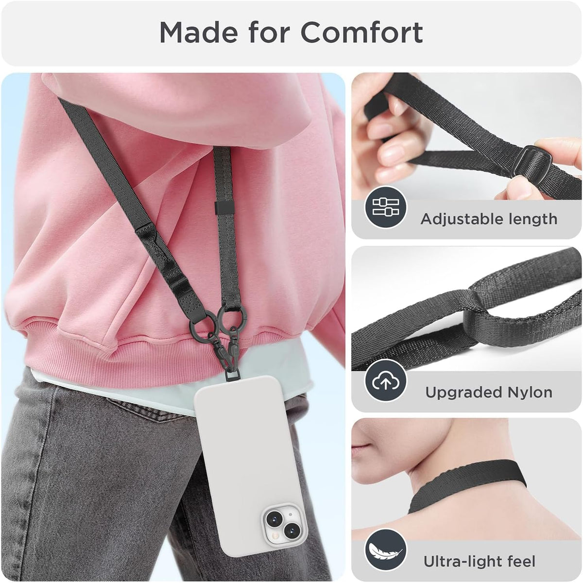 Phone Lanyard 2 in 1, Anti Theft Phone Strap Crossbody for Women Men, Adjustable Phone Wrist Strap with 2 Pack Tether Tabs