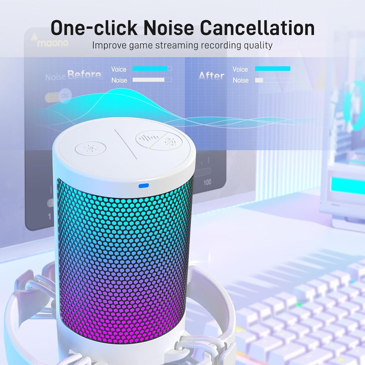 MAONO Gaming Microphone for PC with Noise Cancellation, USB Condenser Mic for Computer, Mac, Laptop, PS5, Streaming, Podcast, Twitch, YouTube, Discord, GamerWave DGM20 White