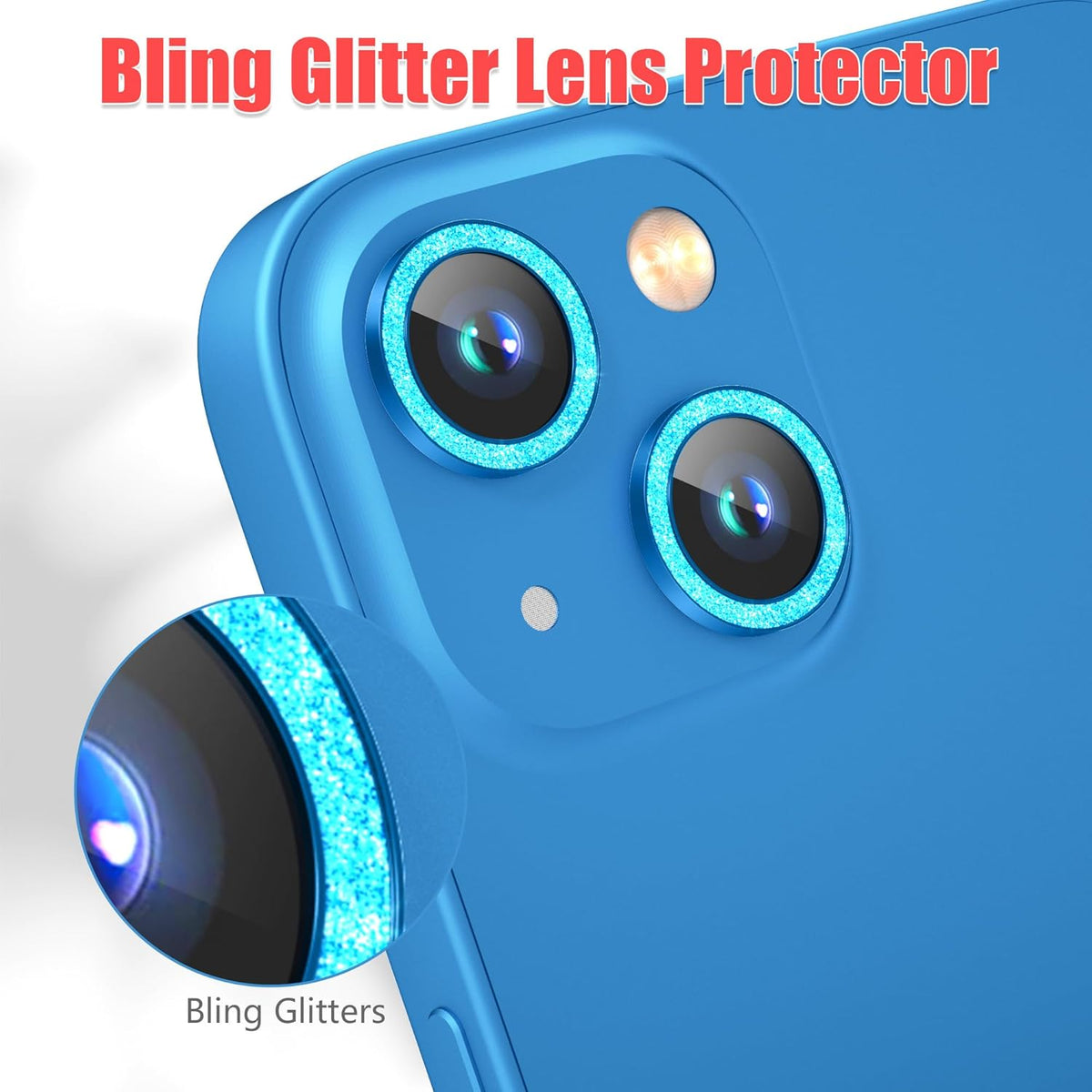 AGVEE 3+3 6 Pack for iPhone 15/15 Plus Camera Lens Protector, Bling Diamond & Bling Glitter Metal Ring 9H Tempered HD Glass Camera Protector Cover Film, Bling-Blue
