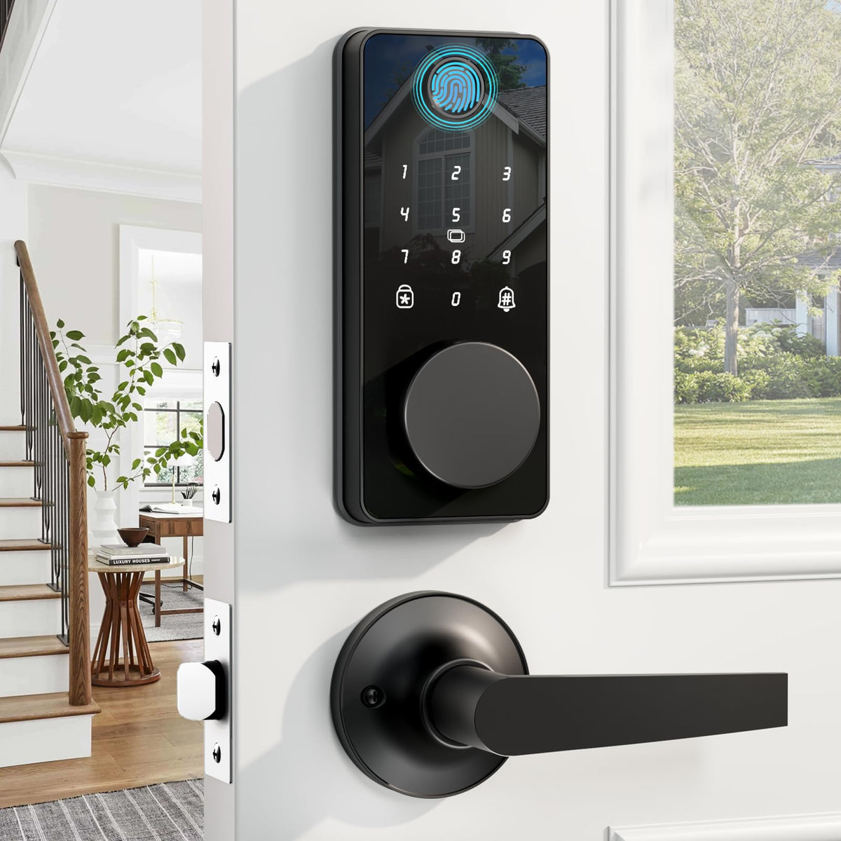 Smart Lock with Handles, Fingerprint Door Lock App Control, Keyless Entry Door Lock Set, Electronic Keypad Deadbolt, Auto & One Touch Lock, Easy