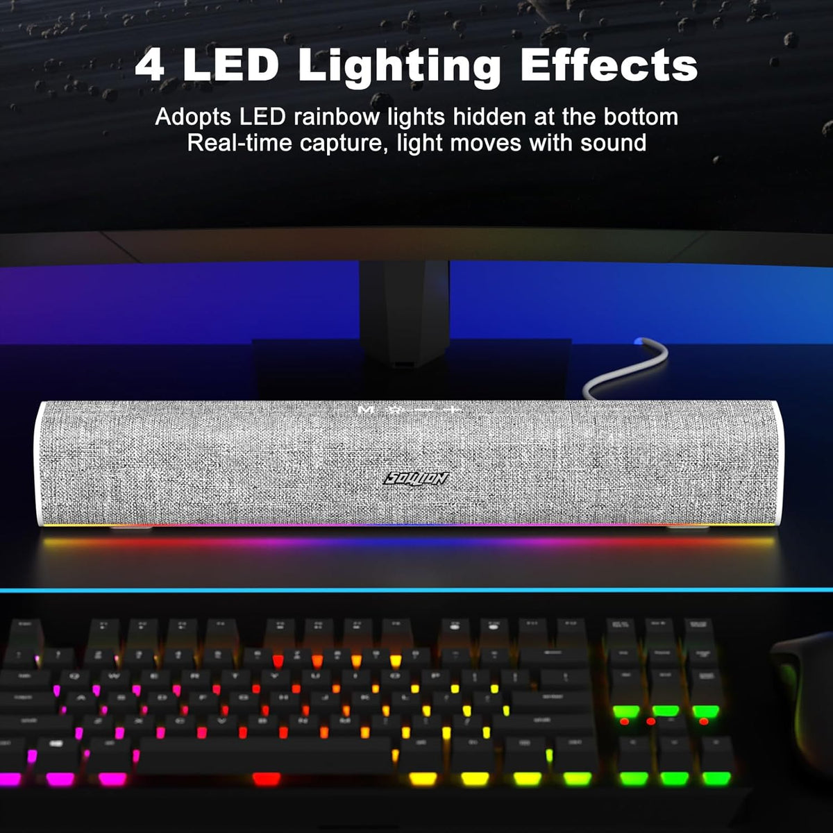 SOULION R100 Bluetooth Computer Speakers with Dynamic LED Light, USB Plug & Play PC Speakers with Switch Button, Clearly Sound Soundbar for Desktop Laptop Monitor White (USB-C to USB Adapter Included)