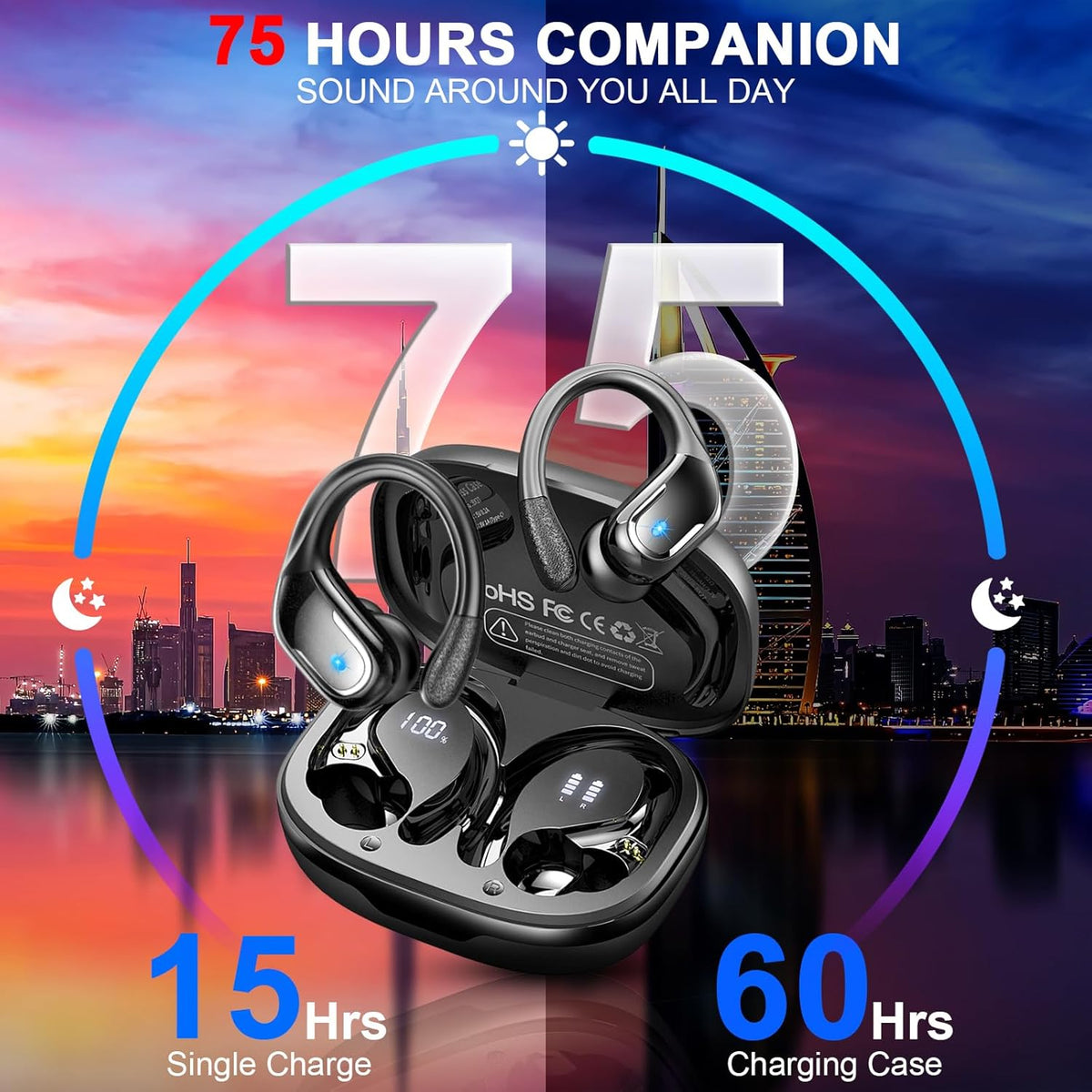 Wireless Earbud, 75Hrs Bluetooth 5.4 Headphones IP7 Waterproof for Sport, Running Wireless Earphones with ENC Noise Cancelling Mics, Deep Bass Over Ear bud with Earhooks for Android, iOS, Workout, Gym