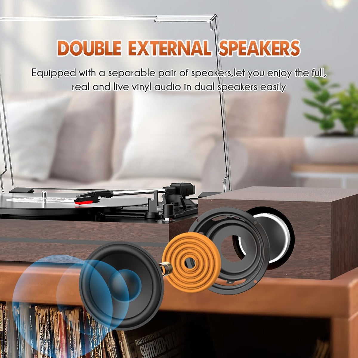 Vintage Record Player for Vinyl with Dual Separate Stereo Speakers Turntable BT Wireless Input Playback Belt Drive 3 Speed 3 Size Playback Record Player Support AUX Headphone Input RCA Out Auto Stop