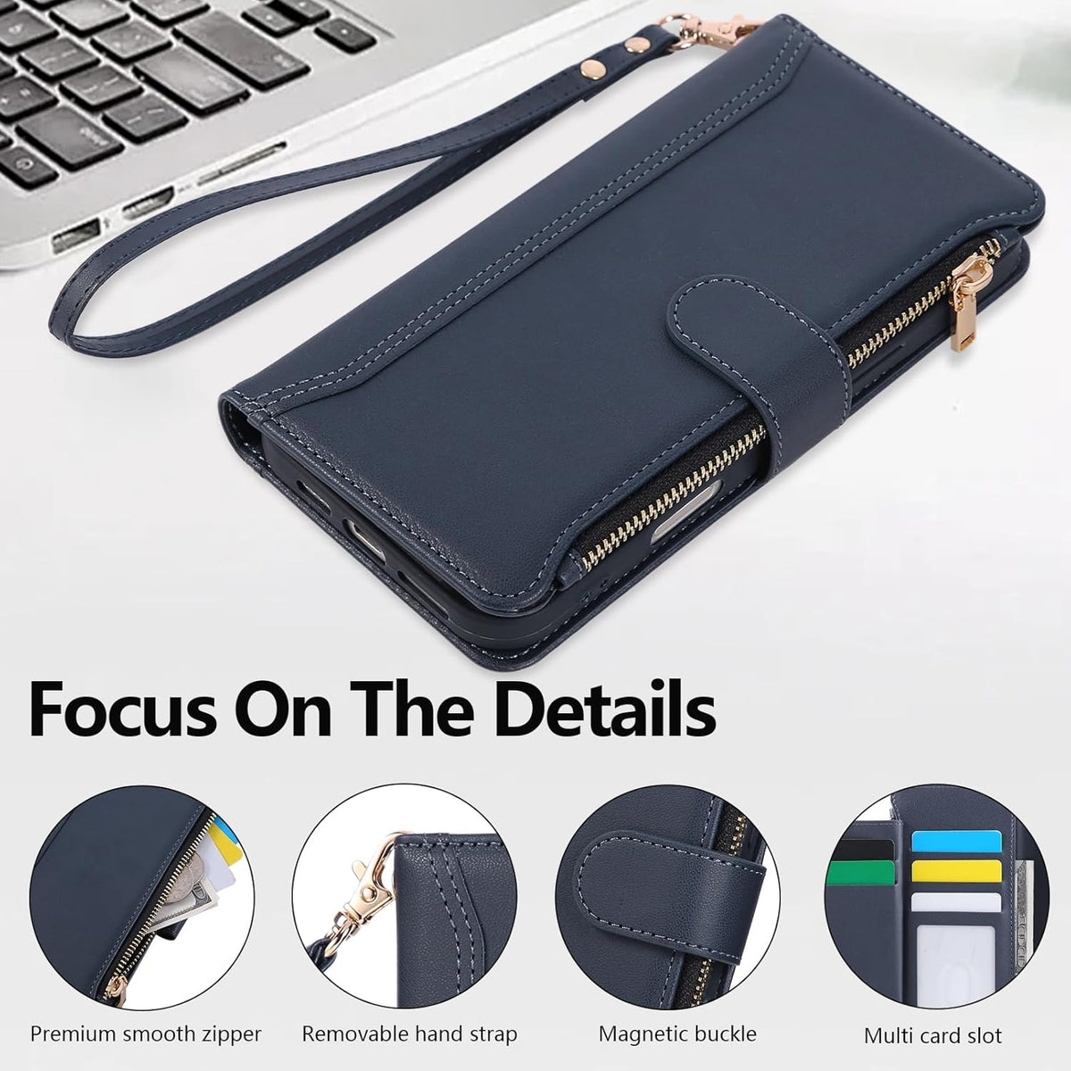 Compatible with iPhone 14 Pro Max Wallet Phone Case-PU Leather Magnetic Flip Cover with Credit Card Slots,Zipper Pocket & Detachable Wrist Strap,Shockproof Design,for Women and Men-Navy Blue