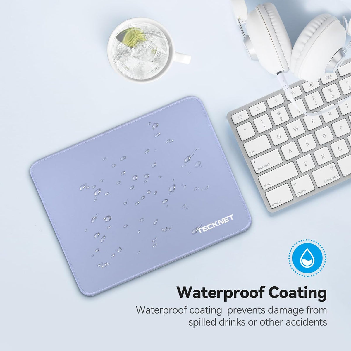 TECKNET Mouse Pad 270 x 210 x 3 mm with Anti-fray Stitchin, Waterproof Surface & Non-Slip Rubber Base with Stitched Edges Gaming Mouse Mat for Laptop，Compatible with Laser and Optical Mice - LT.Blue