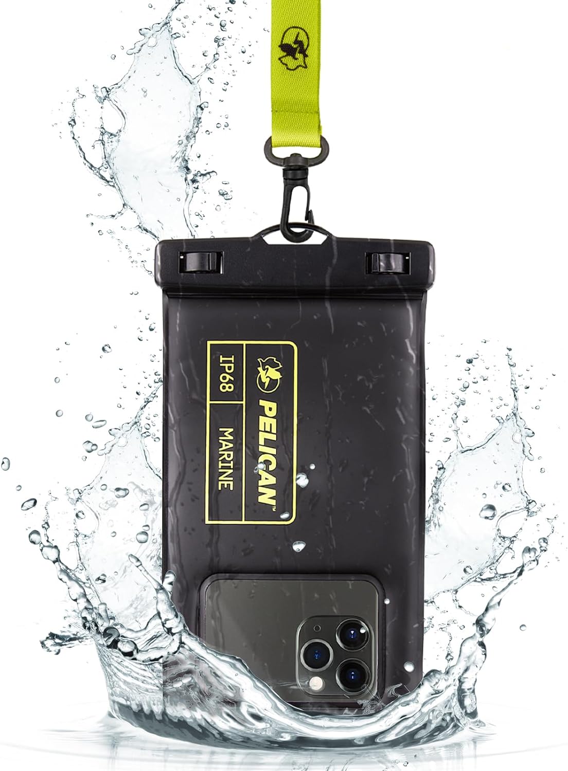 Pelican Marine - IP68 Waterproof Phone Pouch (Regular Size) Floating Waterproof Phone Case - Beach Cruise Ship Travel Essentials - Works with All Phones - Detachable Lanyard - Black/Hi-Vis Yellow