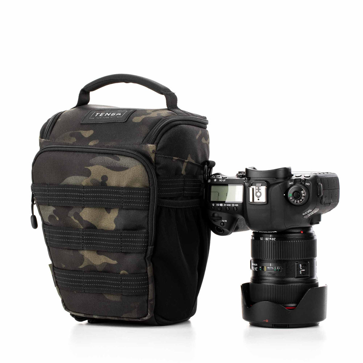 Tenba Axis v2 4L Top Loader Camera Bag for DSLR or Mirrorless Camera with Attached 24-70mm (or 70-200mm 2.8 When Bag is expanded) - Multicam Black