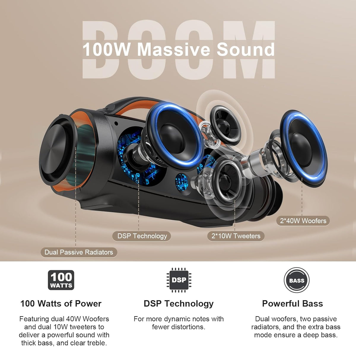 DOSS Extreme Boom+ Outdoor Bluetooth Speaker with 100W Stereo Sound, Extra Bass, 20H Playtime, Party-Sync LED Lights, Built-in Power Bank, IPX6 Waterproof Speaker for Camping, Pool, Beach, Yard