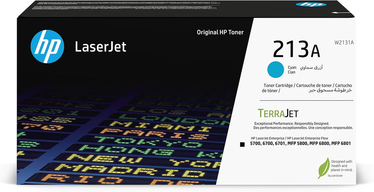 HP 213A Cyan Original LaserJet Toner Cartridge, W2131A. Works with HP LaserJet Enterprise 5700, 5800, 6700, 6701, 6800, 6801