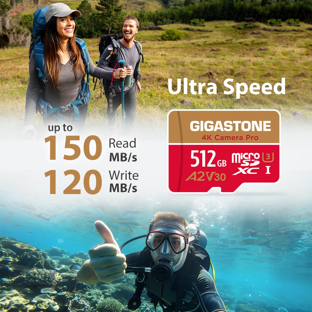 ?5-Years Data Recovery? GIGASTONE 512GB Micro SD Card, 4K Camera Pro, A2 V30 for Smartphone, Gopro, Action Cams, 4K UHD Video Recording, R/W up