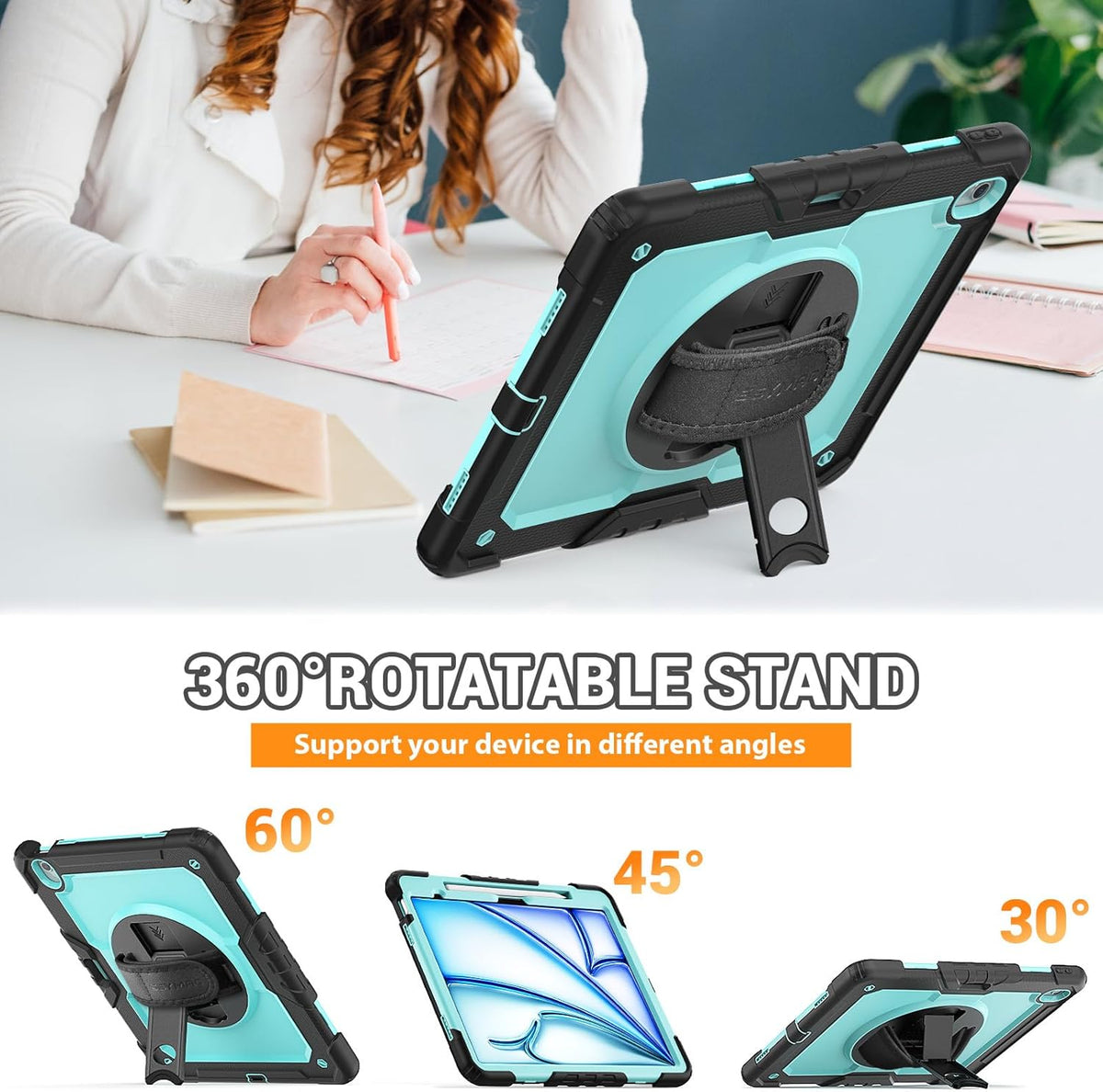 SEYMAC for iPad Air 13 Inch Case M3 2025/ M2 2024, Heavy Duty Shockproof Protective Case with Screen Protector, 360° Rotating Stand, Hand/Shoulder Strap and Pen Holder for iPad Air 13, Light Blue