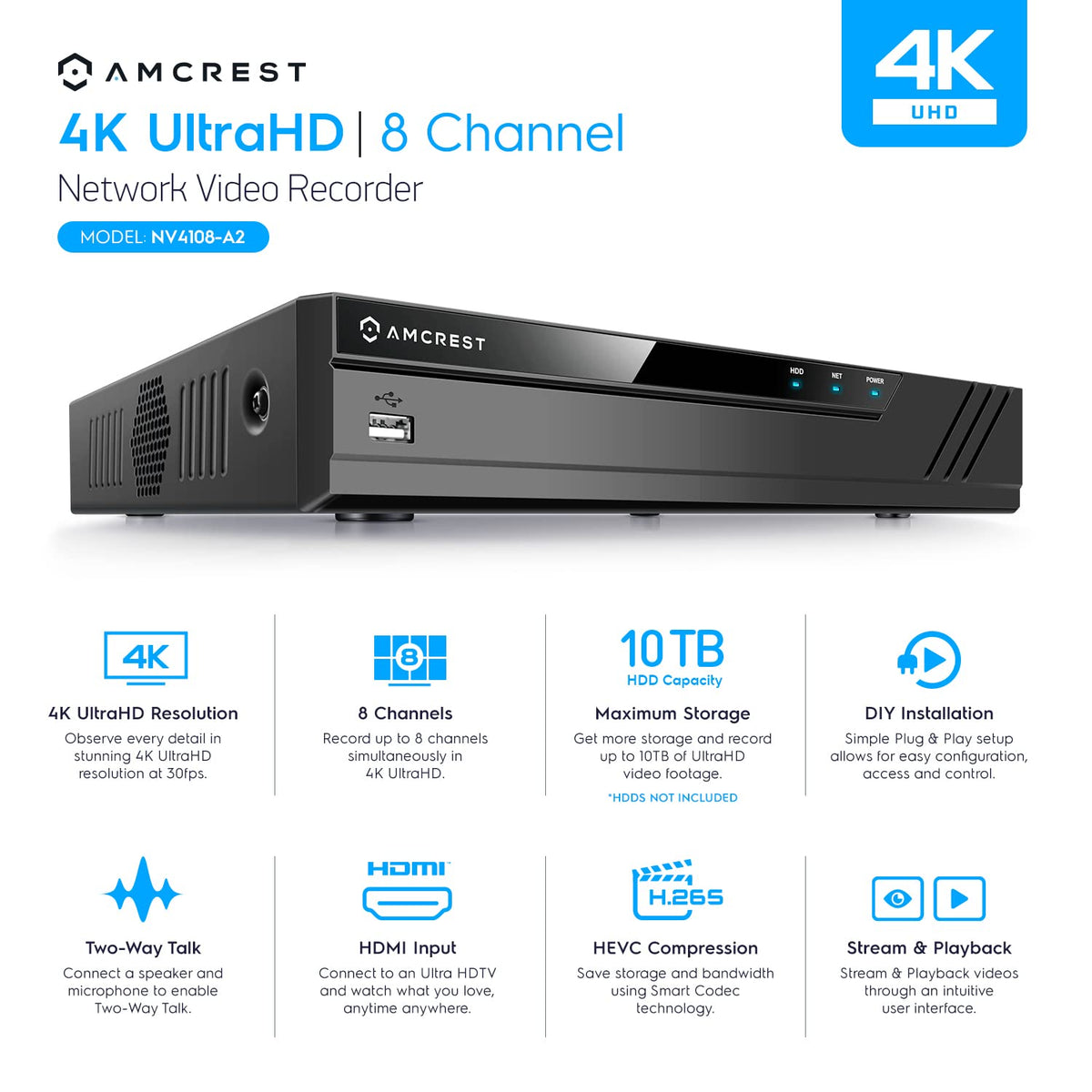 Amcrest NV4108-A2 4K 8CH NVR (1080p/3MP/4MP/5MP/8MP) Network Video Recorder - Supports up to 8 x 8MP/4K IP Cameras, 8-Channel, Supports up to 10TB
