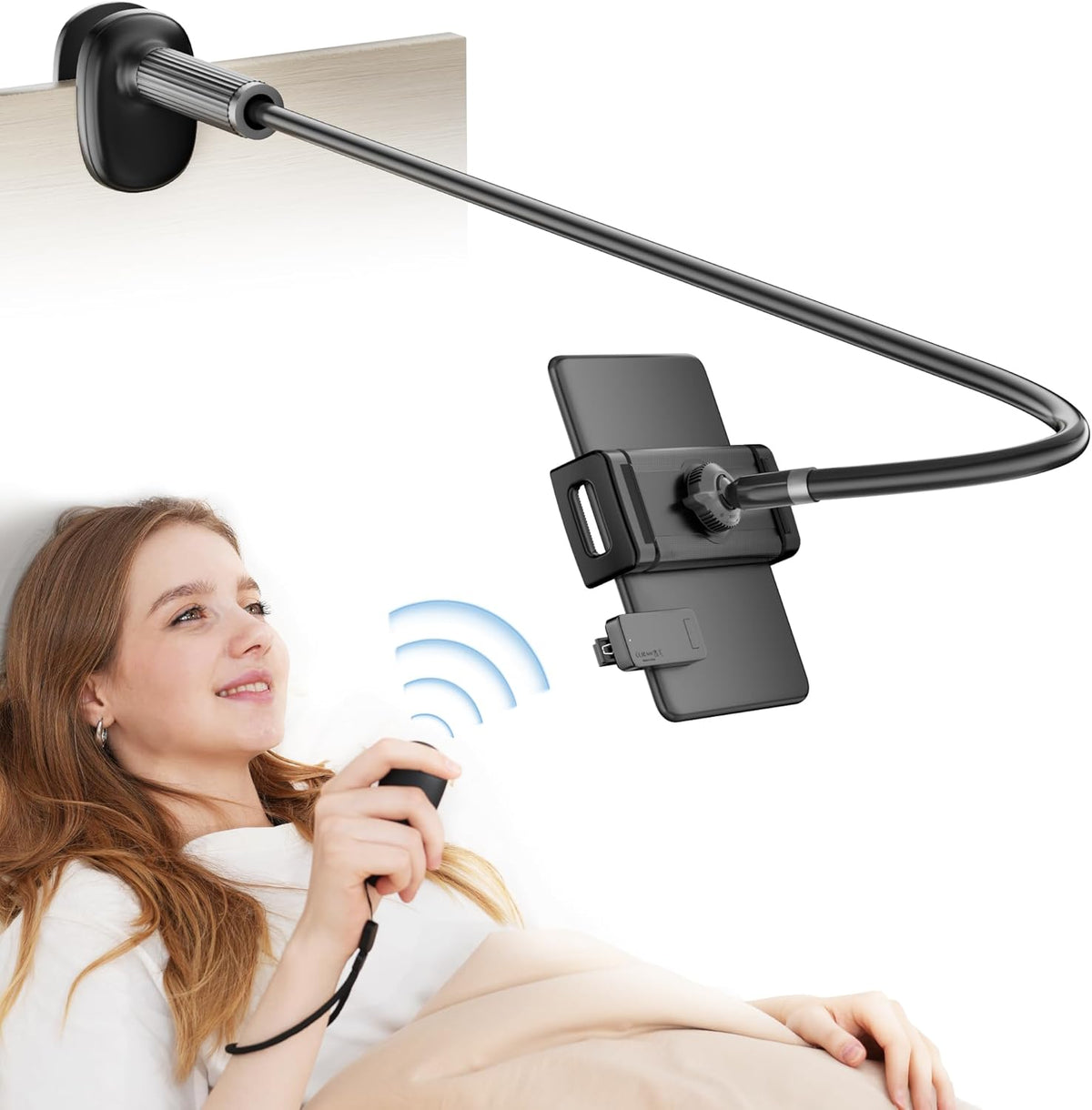 Gooseneck Kindle Holder with Remote Page Turner for Reading in Bed,Tablet Mount Holder for Desk,Flexible Long Arm for Tablets iPhones Kindle Accessories