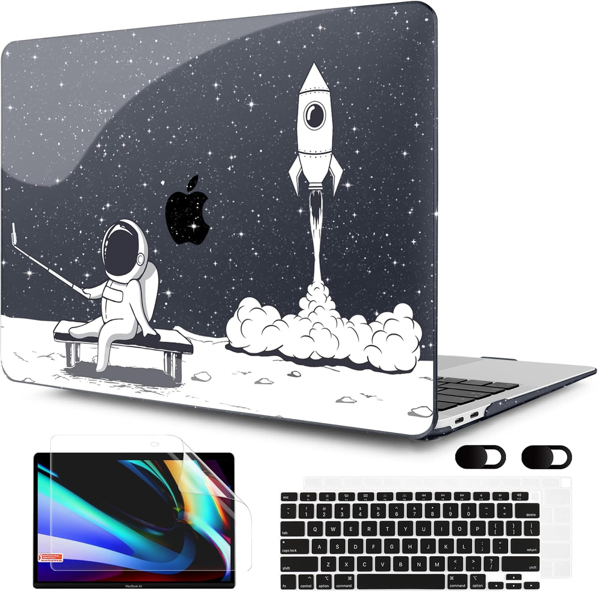 MEEgoodo MacBook Air Case 13.3 Inch - Hard Shell with Keyboard Cover & Touch ID - Astronaut Rocket Glitter