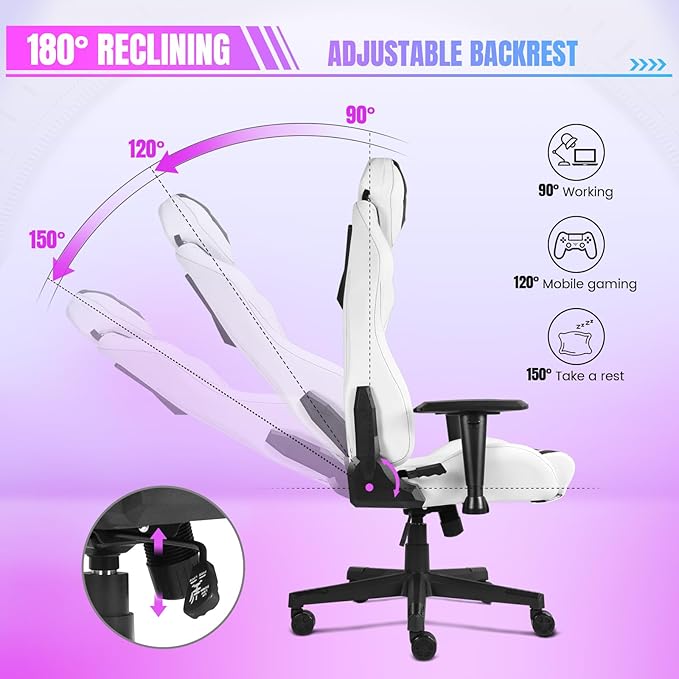 DIKEP Gaming Chair Video Game Chair with Footrest Lumbar Support Headrest PU Leather High Back Computer Chair for Home Office Pink White