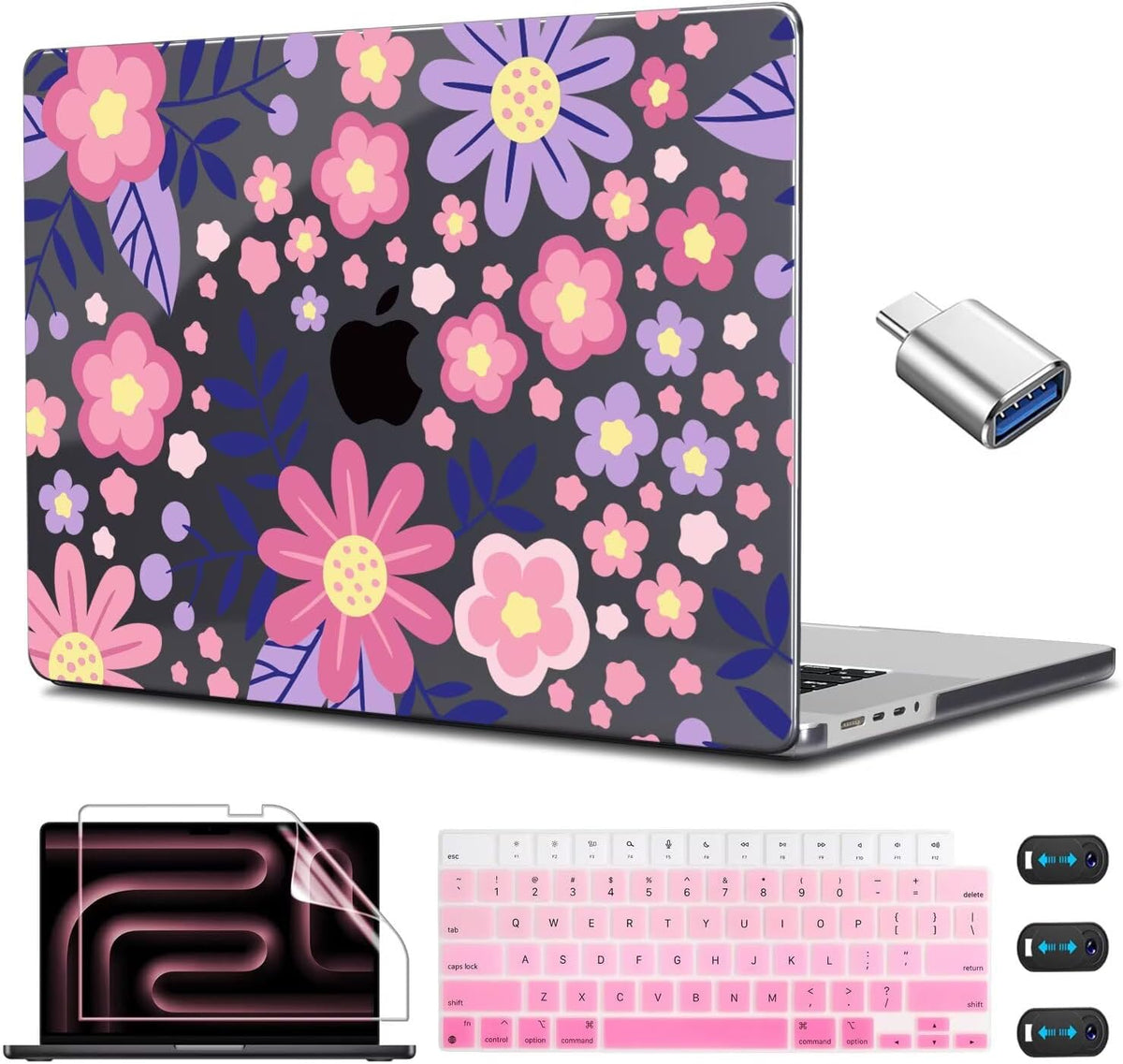 CISSOOK Compatible with MacBook Pro 14 inch 2025 2024-2021 Release M4 M3 M2 M1 Chip A3112 A3185 A3401 A2918 A2992 A2779 A2442, Hard Shell Case with Keyboard Cover Screen Protector, Stylized Flowers