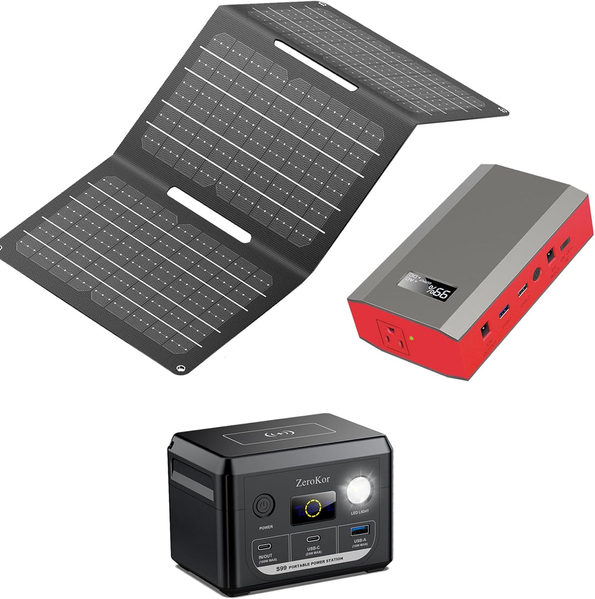 Solar Power Bank with AC Outlet 110V 65W, 100W USB C Power Bank Fast Charging Battery Pack with 30W solar charger Panel Foldable for Laptop Smart Device Outdoor Hilking fishing Power Outage Backup