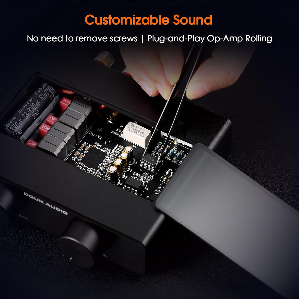 Douk Audio A5 2 Channel TPA3255 Stereo Amp, 300 Watts x2 Mini Hi-Fi Audio Power Amplifier Class D for Home Theater System, Passive Bookshelf Tower Speakers with High-Pass Filter + 32V Power Supply