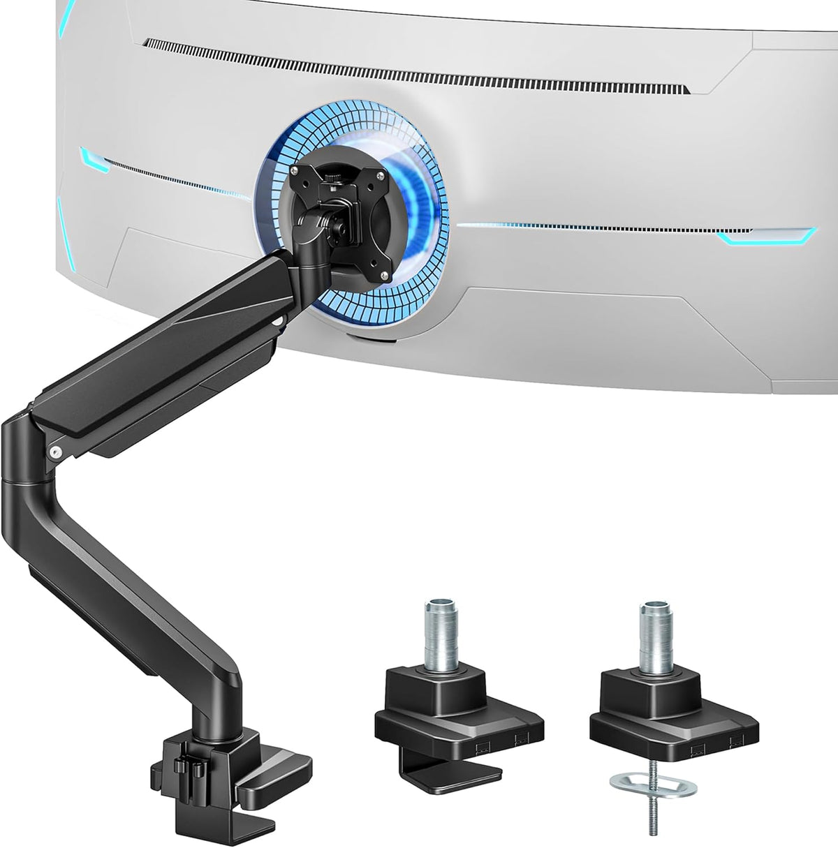 ARES WING Ultrawide Single Monitor Arm, Heavy Duty Monitor Mount for 13"-45" Curved Screens, Adjustable Stand for Desk with C-clamp & Grommet Base up to 40 LBS, Black