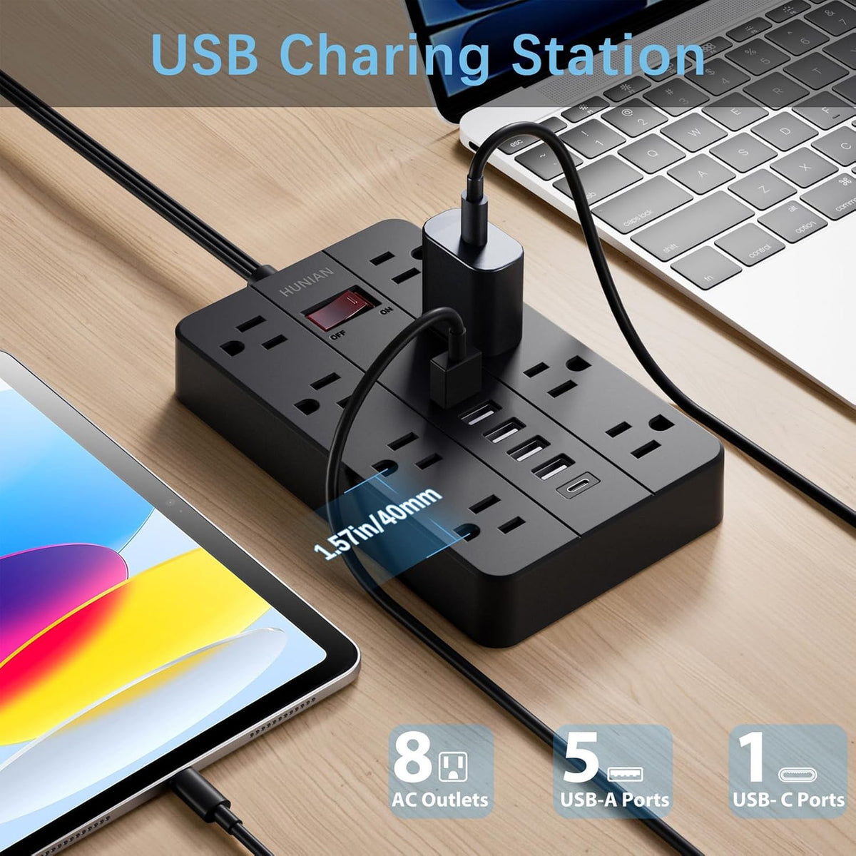 Power Strip Surge Protector, HUNIAN Flat Plug 10 Ft Long Extension Cord with 8 Widely Spaced Outlets 6 USB (1 USB C Port), Wall Mount Charging Station for Home and Office