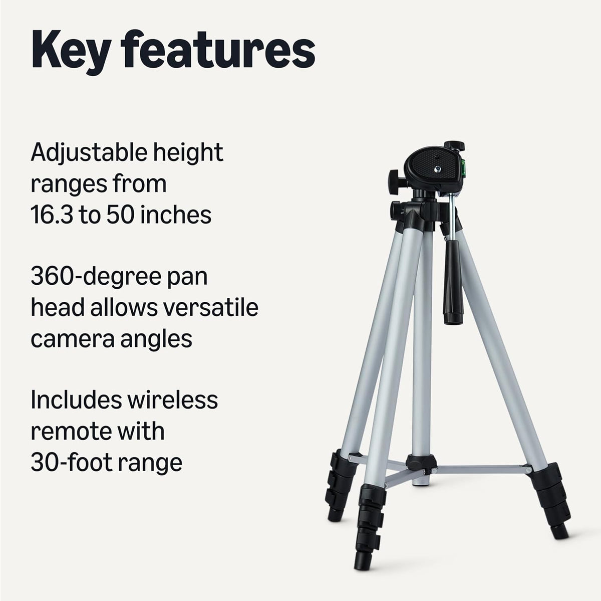 Amazon Basics 50" 360-Degree Lightweight Tripod for Camera and Phone with Travel Bag, Remote Control, Height