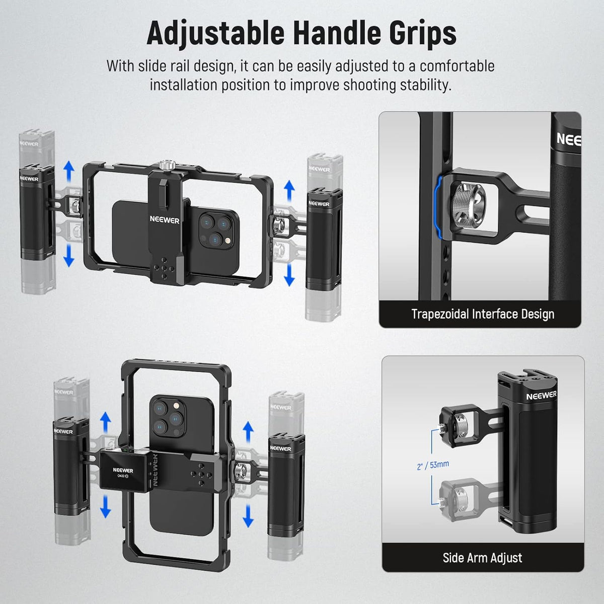 NEEWER Upgraded Phone Rig Vlogging Kit, Video Stabilizer with Dual Handle, Wireless Mic Clip Slot for Tiktok/YouTube, Compatible with SmallRig iPhone 16 15 14 Pro Max Plus 13 Galaxy S23, PA009