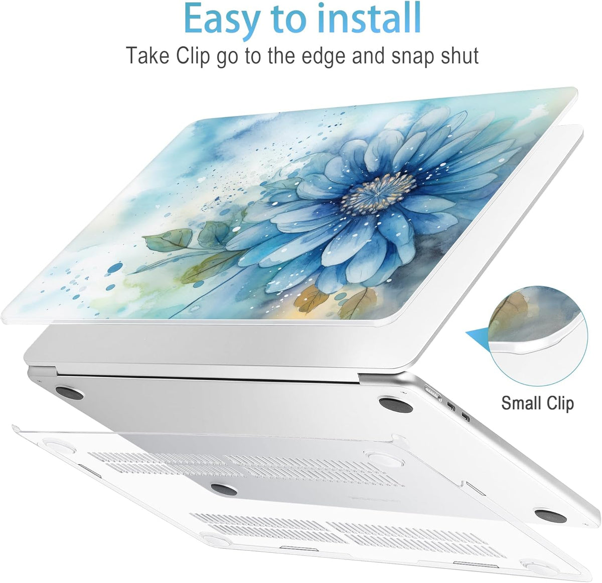 Mektron for 2025 M4 MacBook Air 13.6 Inch A3240 Case Fits 2023 A2681 M2 2024 A3113 M3 Chip with Liquid Retina Display, Printed Plastic Hard Shell Cover for MacBook Air 13.6", Watercolor Blue Flower